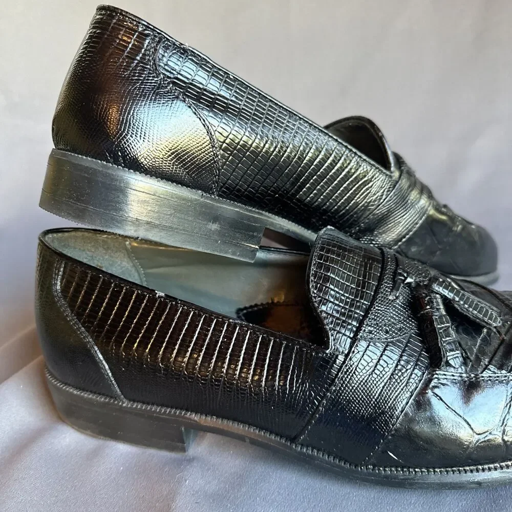 Stacy Adams Black Loafers 11 M Tassel Slip On Dress Shoes Mens Leather Snake